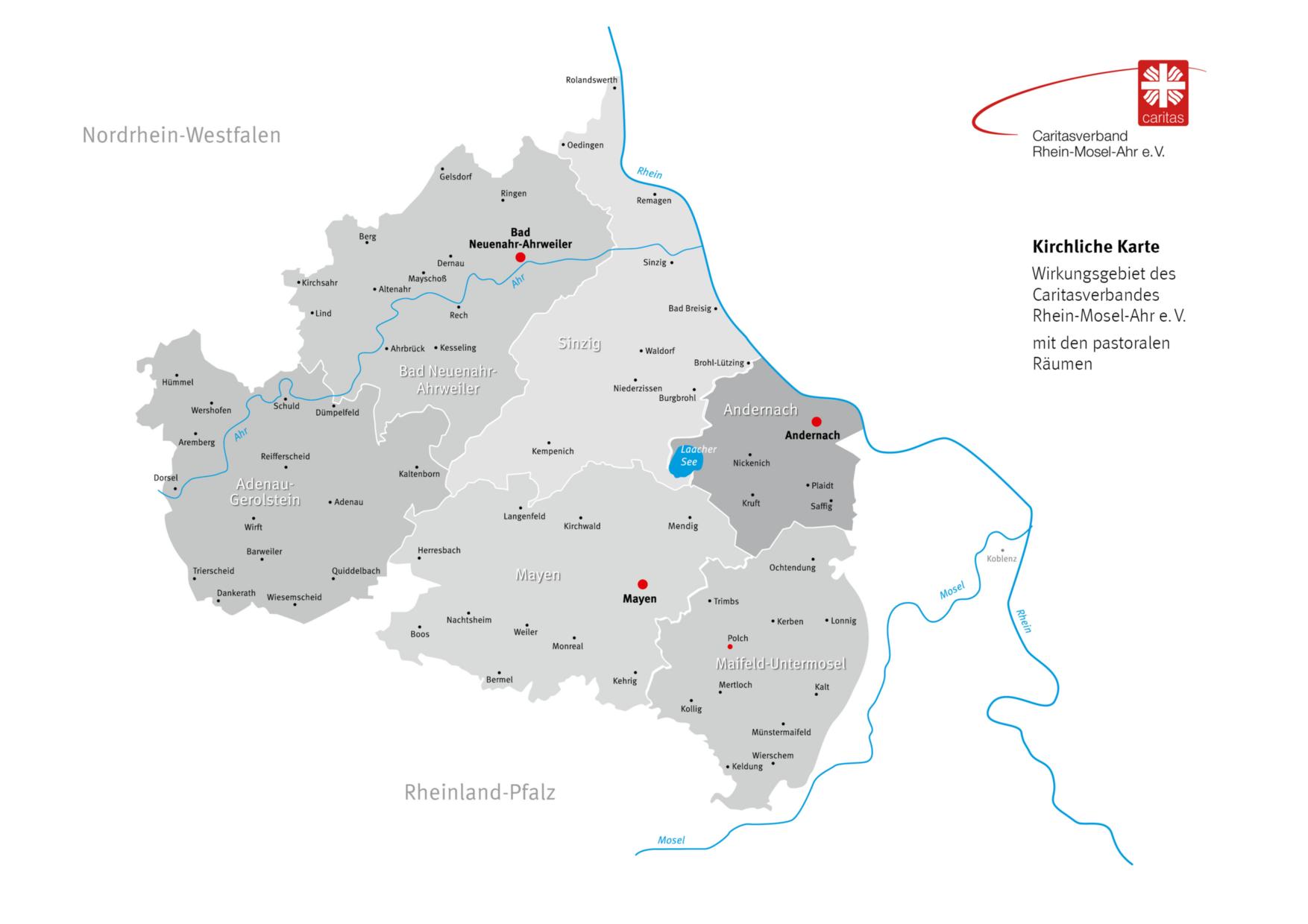 Die Pastoralen Räume in unserem Wirkungsbereich. (c) Caritasverband Rhein-Mosel-Ahr e. V. Die Pastoralen Räume in unserem Wirkungsbereich.