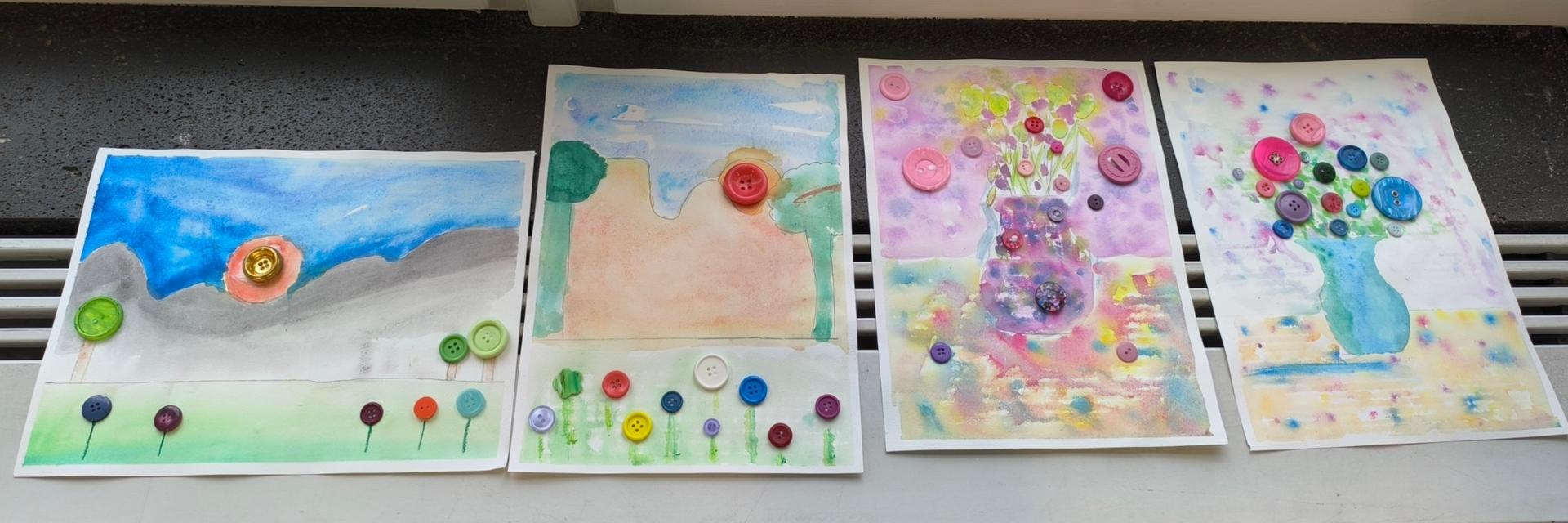 Die Kinder wurden kreativ mit Aquarellfarbe und Knöpfen.